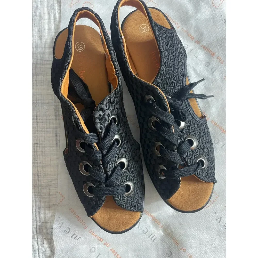 Bernie Mev Marcelo Lace Up Sandal Women 8/39 Black Boho Woven 2.75" Wedge NWOB - Picture 7 of 9